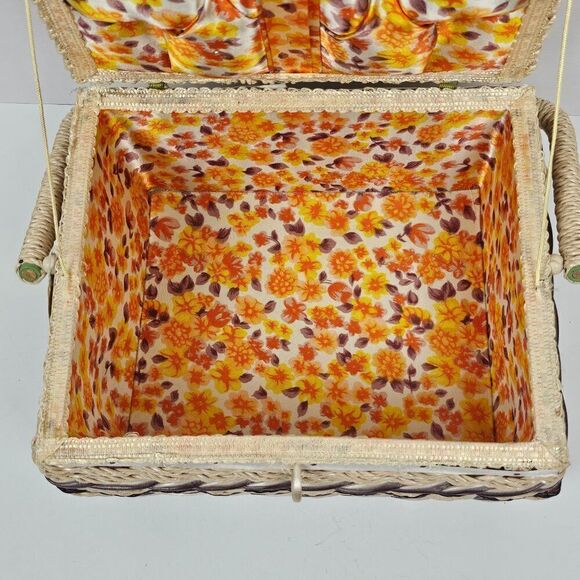 Sewing Notions Box Craft Basket Vintage Woven Wicker Floral Retro Mid Century - Picture 11 of 15